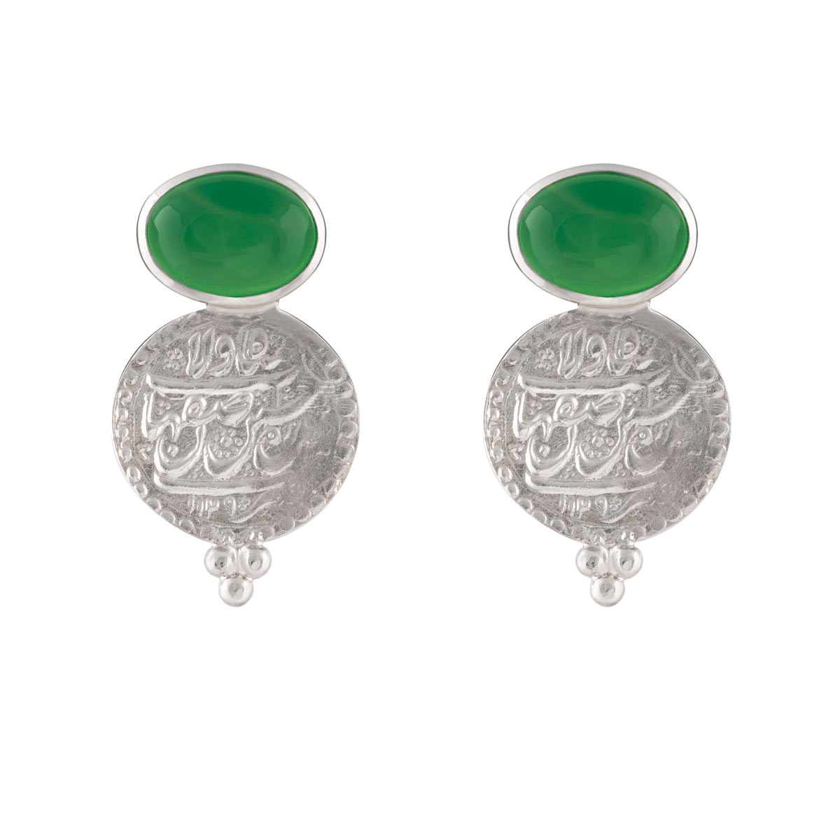 گوشواره نقره سکه صفوی بزرگ با سنگ جید سبز