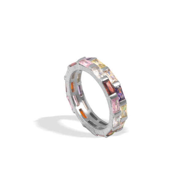 انگشتر نقره دور باگت نگین رنگی دو رج