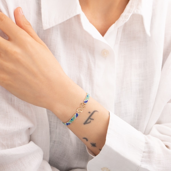 دستبند طلا میوکی آبی فیروزه ای طرح پروانه