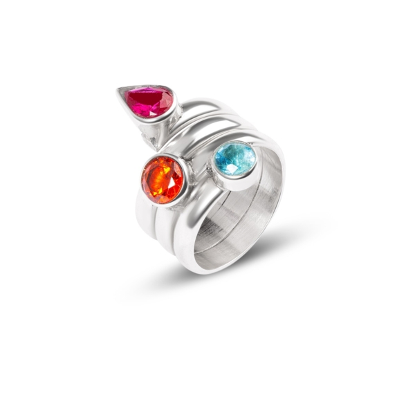 انگشتر نقره 3 سنگ قرمز آبی نارنجی