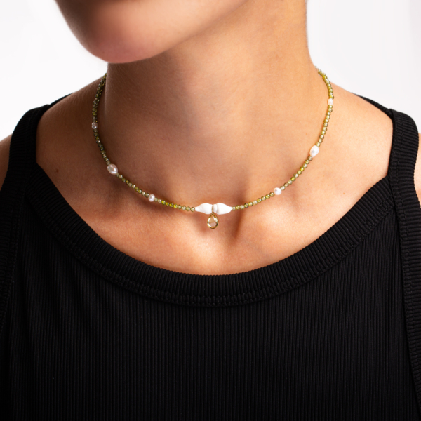 گردنبند طلا مرواریدی اشک سبز زیتونی