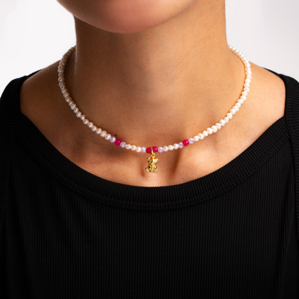 گردنبند مروارید و آویز طلا خرس