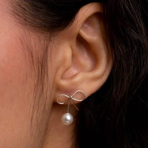 گوشواره نقره پاپیون و مروارید مینی