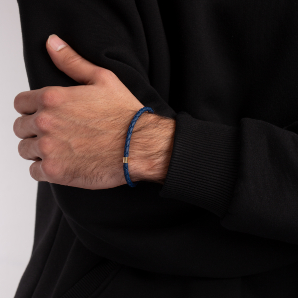 دستبند طلا چرم مردانه تک رینگ سرمه ای