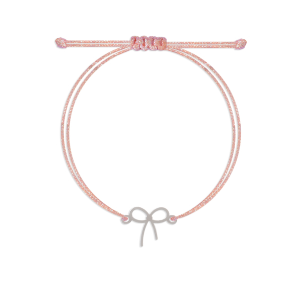 دستبند نقره پاپیون فانتزی و نخ لمه صورتی